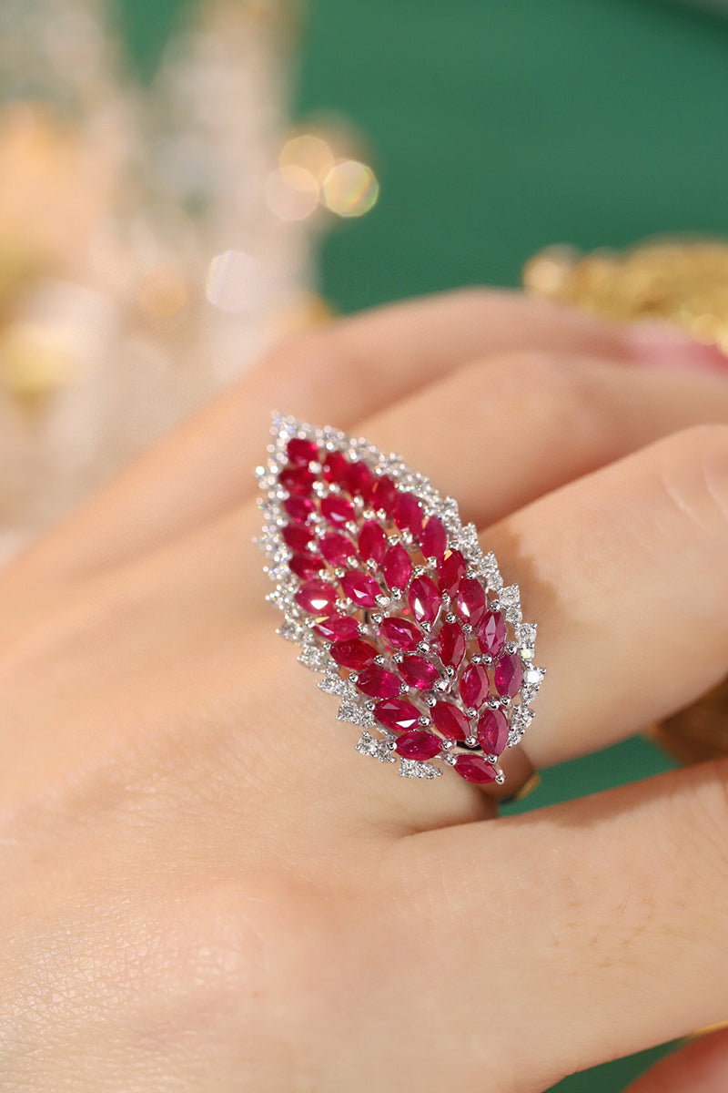 LUOWEND 18K White Gold Real Natural Ruby and Diamond Gemstone Ring for Women