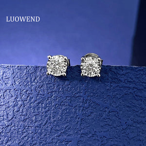 LUOWEND 18K White Gold Real Natural Diamond Stud Earrings for Women