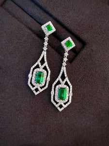 LUOWEND 18K White Gold Real Natural Emerald and Diamond Gemstone Earrings for Women