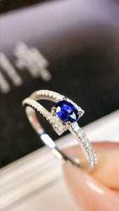 LUOWEND 18K White Gold Real Natural Sapphire Ring for Women