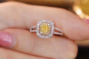 LUOWEND 18K White Gold Real Natural Yellow Diamond Ring for Women