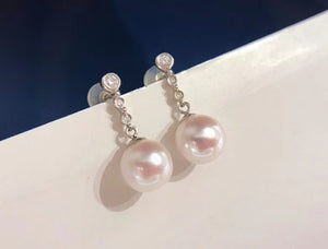 LUOWEND 18K White Gold Real Natural Akoya Pearl Earrings for Women