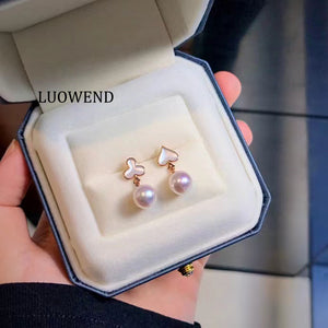 LUOWEND 18K Rose Gold Real Natural Akoya Pearl Earrings for Women